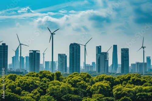 Modern cityscape with futuristic wind turbines blending into the skyline. Renewable energy solutions in urban environments © Marharyta