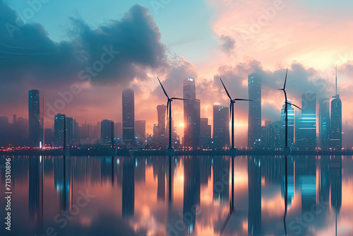 Modern cityscape with futuristic wind turbines blending into the skyline. Renewable energy solutions in urban environments photo