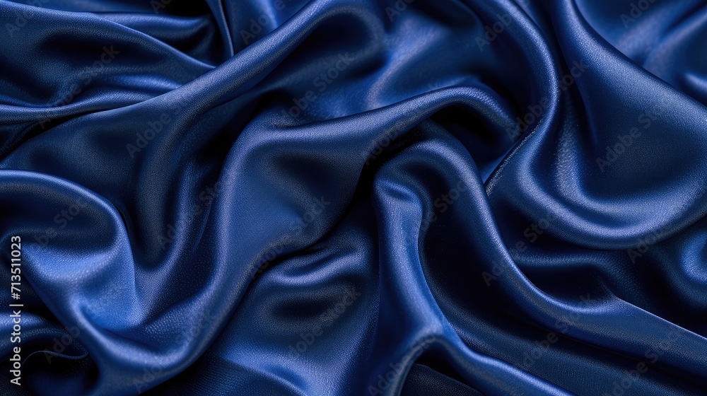 Obraz premium Beautiful dark blue silk satin background. Soft folds on shiny fabric. Luxury background with copy space for text, design. Web banner. Flat lay, top view table.Birthday, Christmas, Valentine's Day.