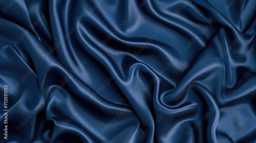 Fototapeta premium Beautiful dark blue silk satin background. Soft folds on shiny fabric. Luxury background with copy space for text, design. Web banner. Flat lay, top view table.Birthday, Christmas, Valentine's Day.