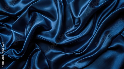 Beautiful dark blue silk satin background. Soft folds on shiny fabric. Luxury background with copy space for text, design. Web banner. Flat lay, top view table.Birthday, Christmas, Valentine's Day.