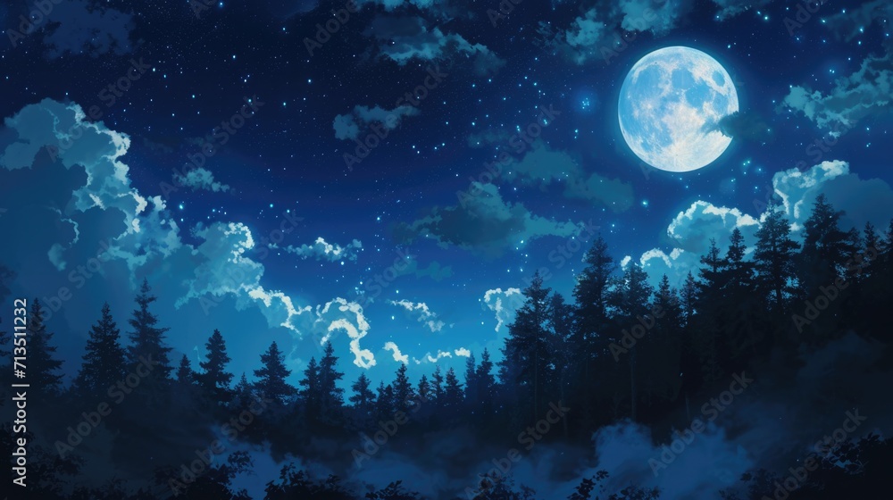 moonlit night with a forest silhouette in the background, manga style generative ai moonlit night with a forest silhouette in the background, manga style generative ai