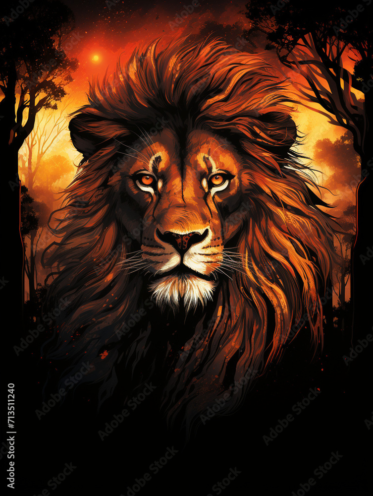 T-shirt design, powerful lion portrait, regal and intense, African savanna background, sunset colors, deep oranges and blacks created with Generative Ai