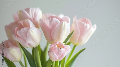 Light pink tulip bouquet on a plain background shot with soft light and a shallow depth of field