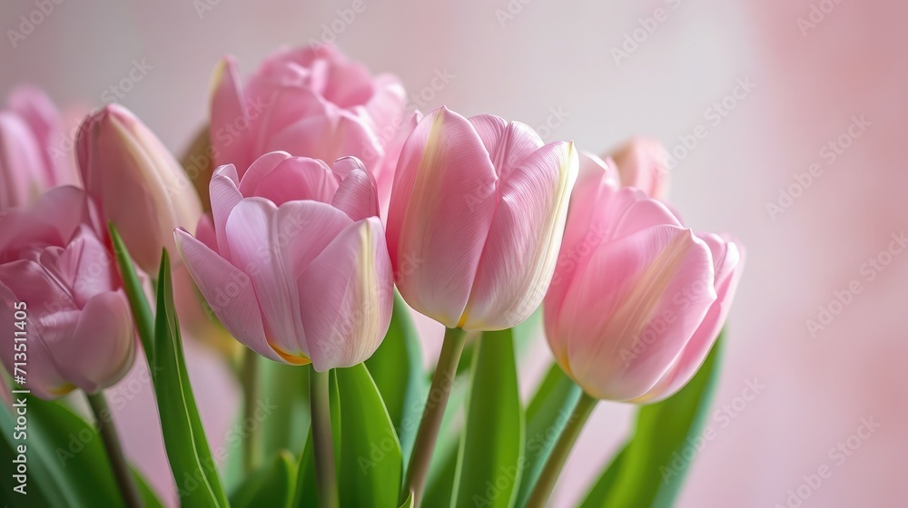 Light pink tulip bouquet on a plain background shot with soft light and a shallow depth of field