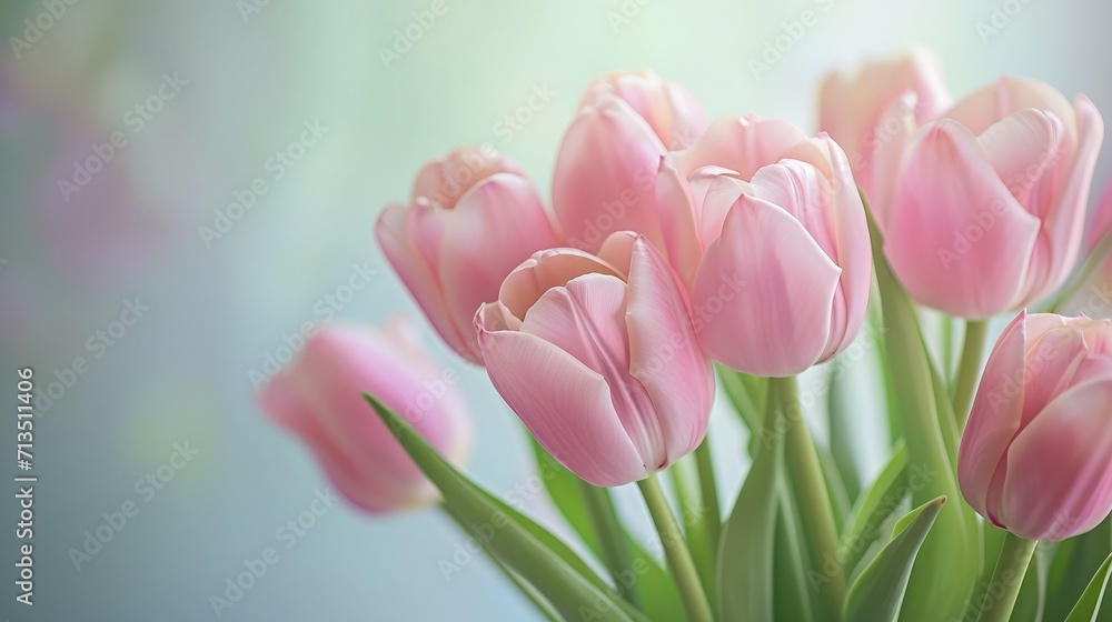 Fototapeta premium Light pink tulip bouquet on a plain background shot with soft light and a shallow depth of field