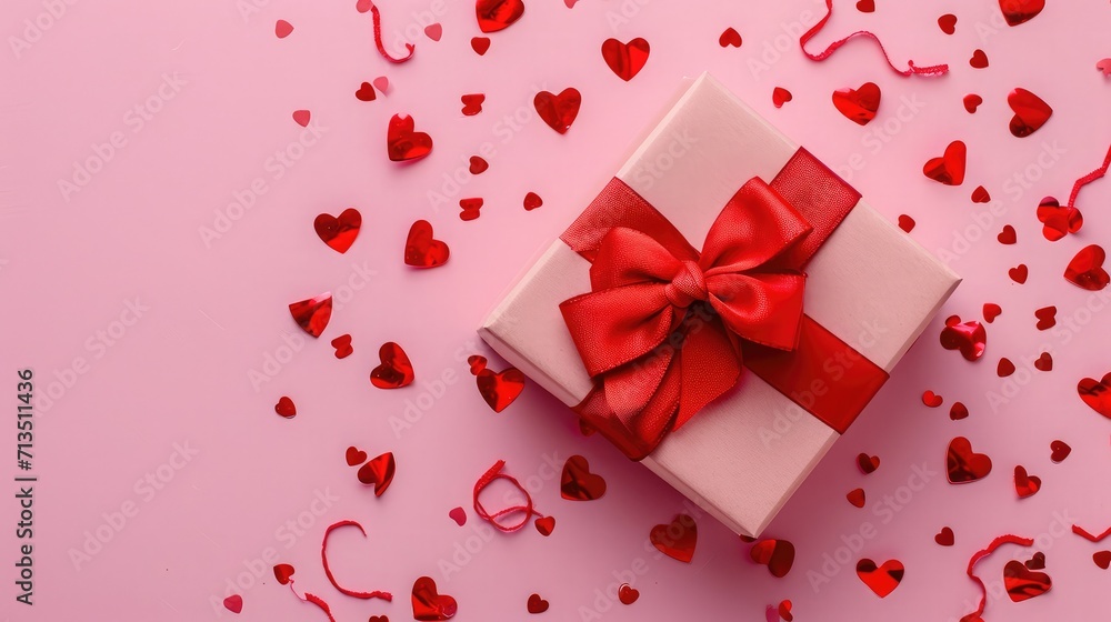 Pink gift box with red bow on pink background with red hearts. Holiday web banner. Top view. Pink gift box with red bow on pink background with red hearts. Holiday web banner. Top view.