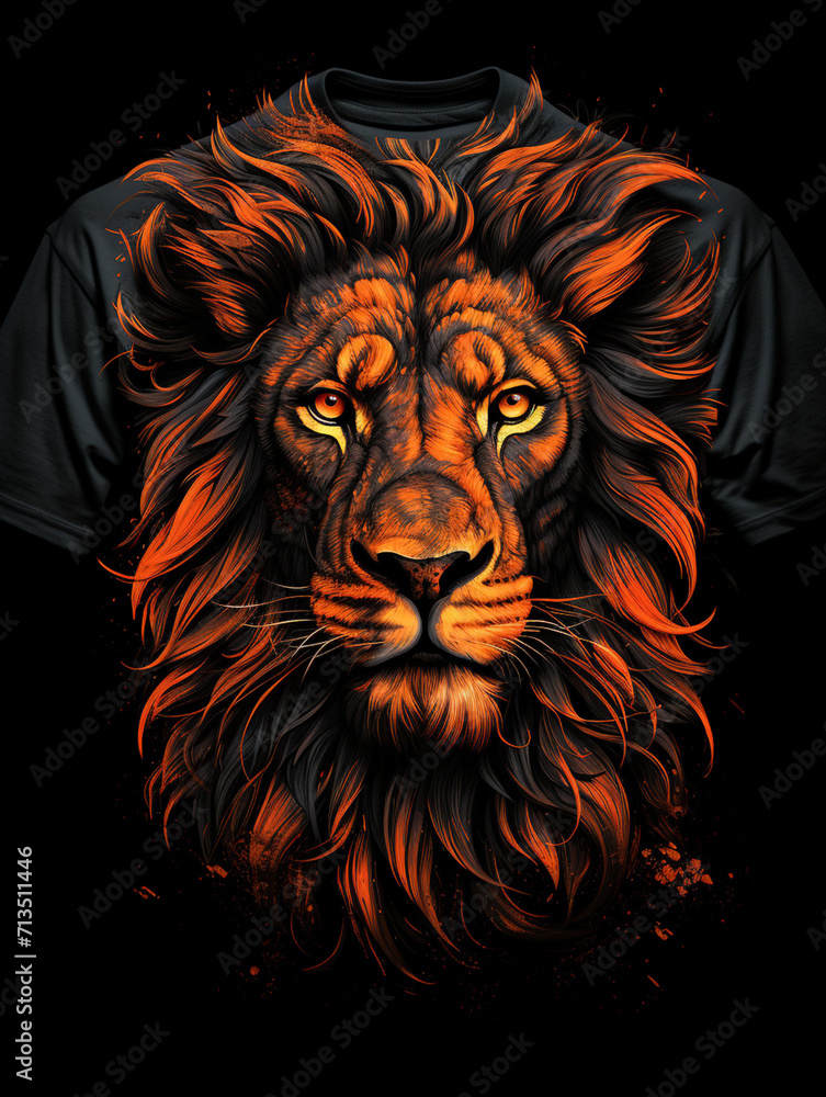 T-shirt design, powerful lion portrait, regal and intense, African savanna background, sunset colors, deep oranges and blacks created with Generative Ai