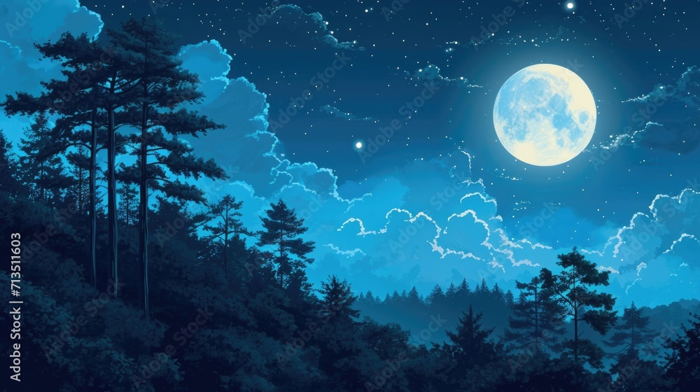 moonlit night with a forest silhouette in the background, manga style generative ai moonlit night with a forest silhouette in the background, manga style generative ai