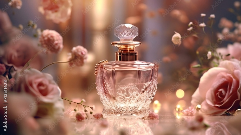 Pink Perfume Bottle Surrounded by Pink Roses Pink Perfume Bottle Surrounded by Pink Roses