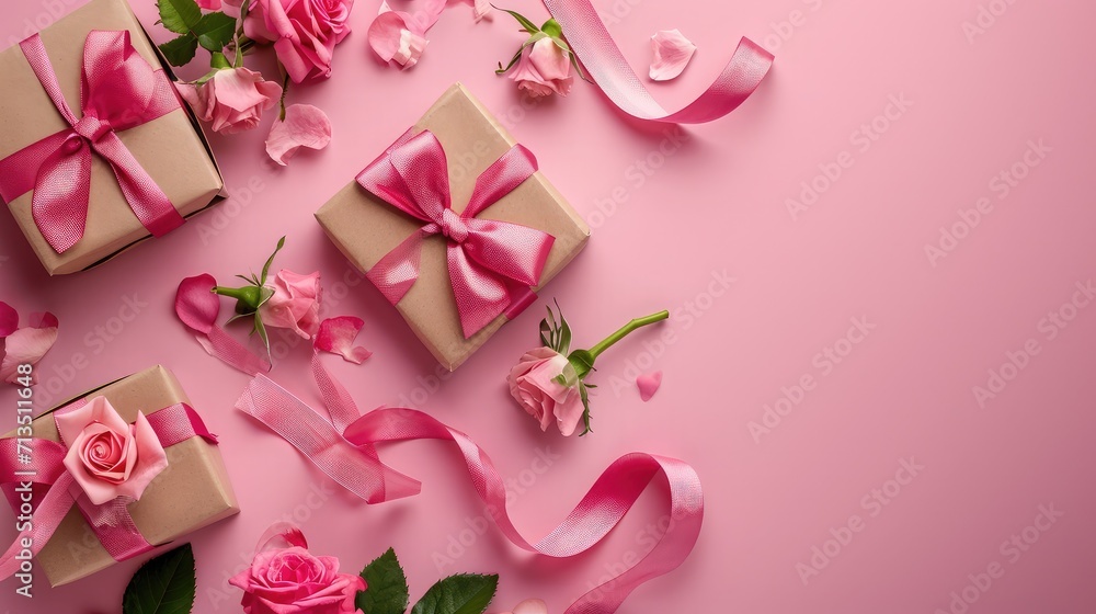 Ribbon in shape of heart with gift boxes and rose flowers on pink background. Happy Valentines day, Mothers day, birthday concept. Romantic flat lay composition.