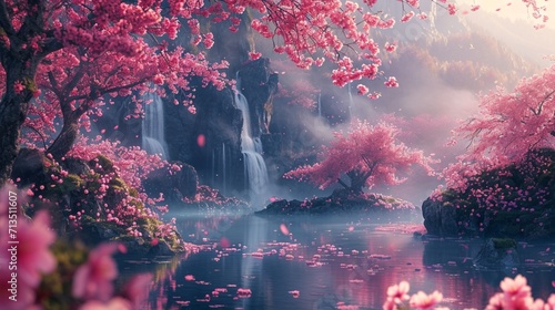 A cascade of cherry blossoms in full bloom, a poetic shower of delicate pink petals and a waterfall behind