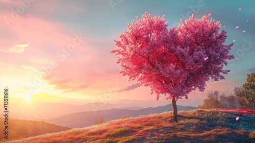 Tree of love in spring. pink heart shaped tree at sunset. Beautiful landscape with flowers.Love background with copy space.Valentine day card