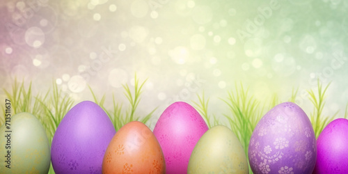 stylish Easter banner with colored eggs located at the bottom and greenery on a defocused background with space for text,the concept of creative Easter design,advertising and greeting cards