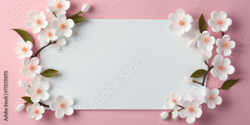 spring banner,a white sheet of paper with a place for text with beautiful cherry blossoms lying on the sides,on a pink background,a spring banner,a design concept for spring marketing materials