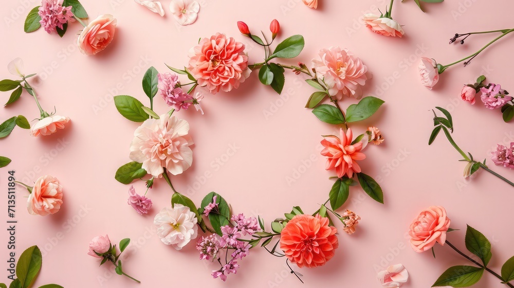 Wreath made of beautiful flowers and green leaves on pale pink background, flat lay. Space for text Wreath made of beautiful flowers and green leaves on pale pink background, flat lay. Space for text