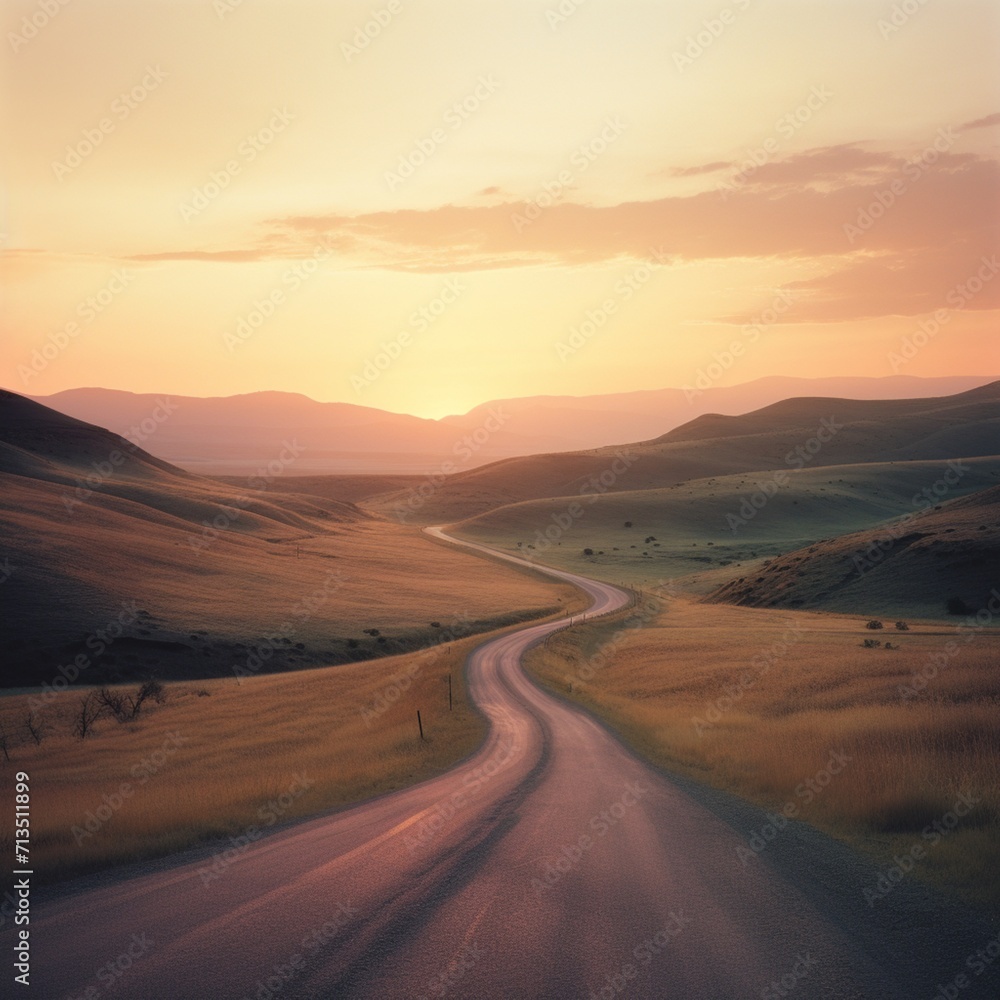 Highway with mountain scenery sunset AI Generated Photo