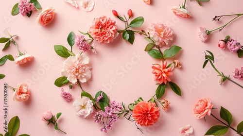 Wreath made of beautiful flowers and green leaves on pale pink background, flat lay. Space for text
