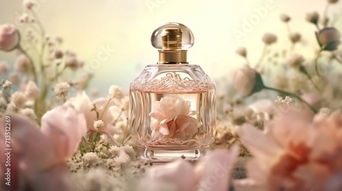 Pink Perfume Bottle Surrounded by Pink Roses