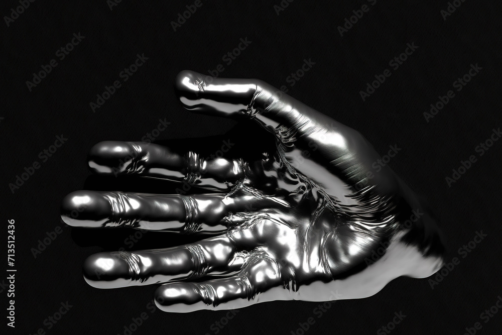 Hand gesture liquid metallic texture isolated on a black background, chrome metal hand, outstretched metal palm, hand with liquid metal palm.