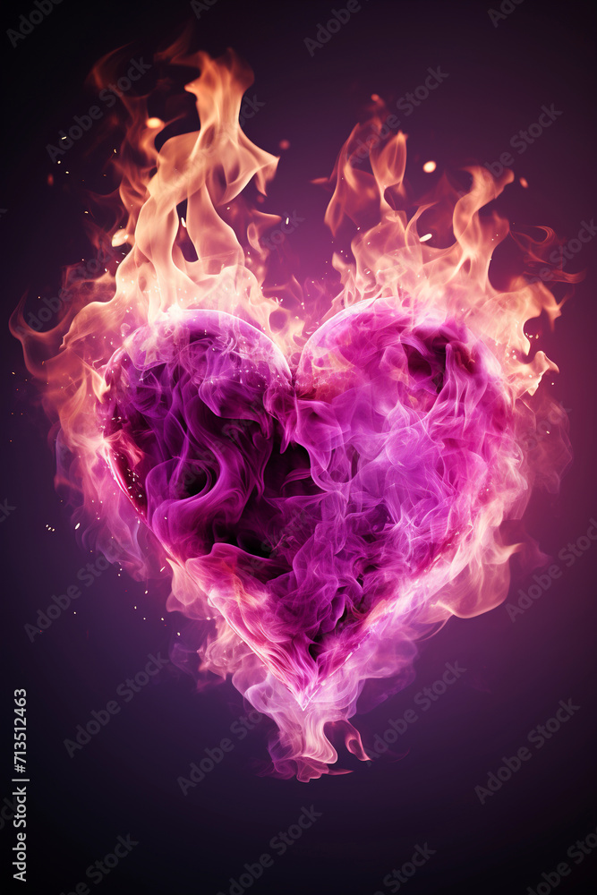 Surreal image of a violet pink burning heart. Heart made of violet-pink flames. Burning heart. Valentine's Day. Valentine's card.