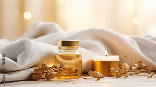 Spa salon yellow composition in wellness center. Spa still life background with aromatic candle, massage oil and towel. Beauty spa treatment and relax. Relaxing gold background.