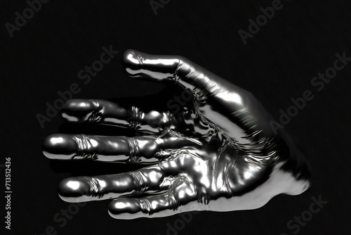 Obraz na płótnie Hand gesture liquid metallic texture isolated on a black background, chrome metal hand, outstretched metal palm, hand with liquid metal palm. w salonie