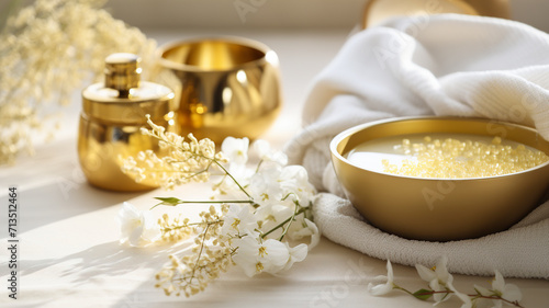 Obraz na płótnie Spa salon yellow composition in wellness center. Spa still life background with massage oil, white flowers and towel. Beauty spa treatment and relax. Relaxing gold background. w salonie