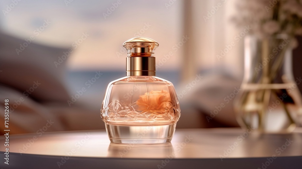 Pink perfume bottle on table surrounded by roses Pink perfume bottle on table surrounded by roses