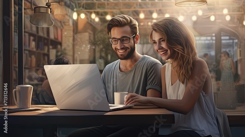 Pleasant family couple sitting looking at laptop screen. Happy young spouse web surfing, making purchases online or booking flight tickets photo