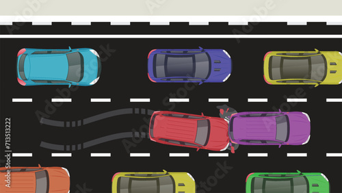 top view flat cartoon of car vehicle with crash braking emergency accident and road