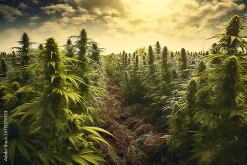 Cannabis plantation in a field on a sunny day. Cultivation of medical marijuana.