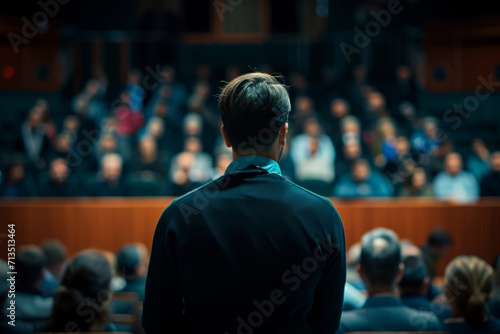 Speaker giving a talk in conference hall at business event. Speaker at Business conference and presentation. Generative AI