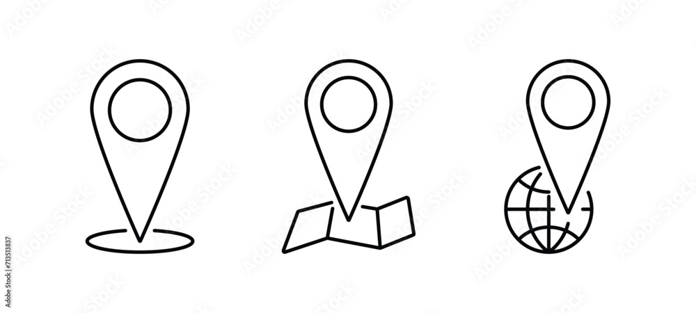 Map pointer icon set. Location marker on map and planet symbol. Vector illustration isolated on white background EPS 10 Map pointer icon set. Location marker on map and planet symbol. Vector illustration isolated on white background EPS 10