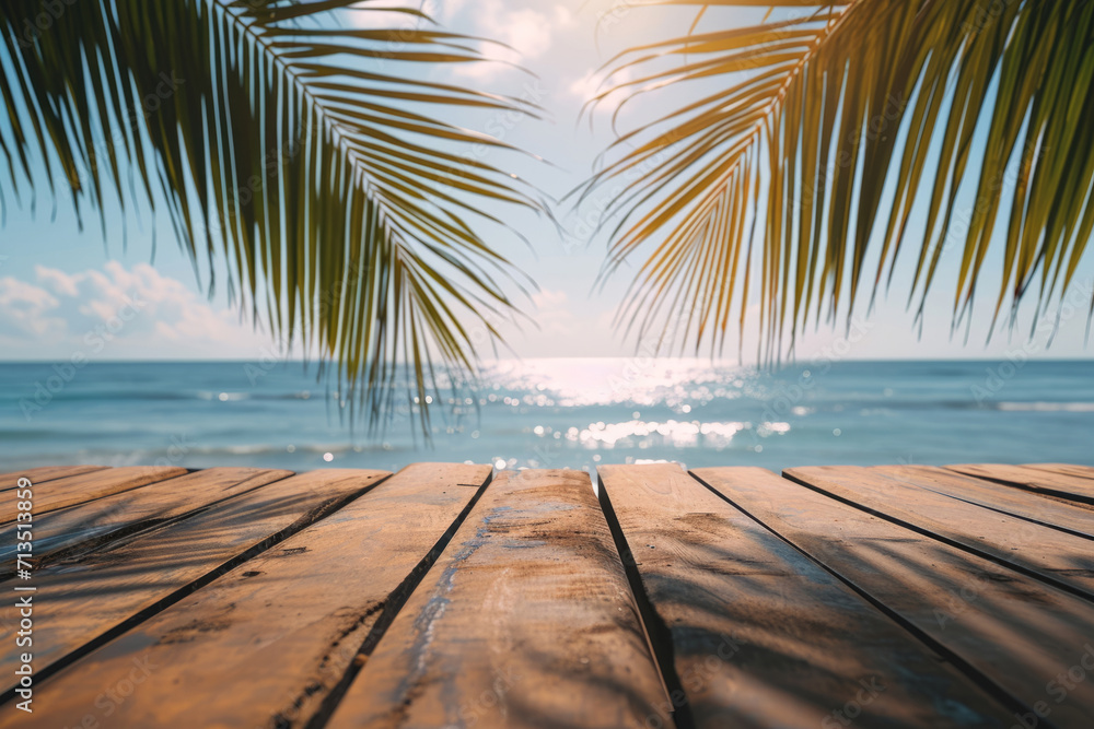 Empty wooden table with tropical beach theme in background. Generative AI Empty wooden table with tropical beach theme in background. Generative AI