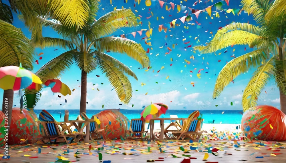 sun, party, beach, palm, plants, confetti, summer, colors, streamers