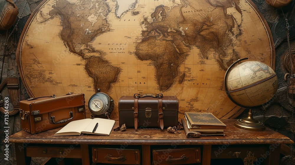 Fototapeta premium An antique world map as the background, with a compass, an old-fashioned suitcase and a blank valentine's card. 