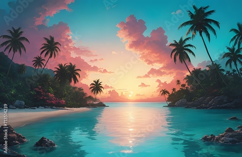 tropic weather beach and palm tree summer landscape illustration generated by ai