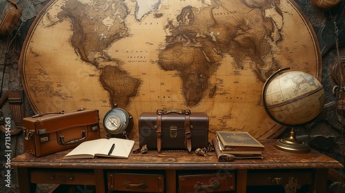 An antique world map as the background, with a compass, an old-fashioned suitcase and a blank valentine's card. 