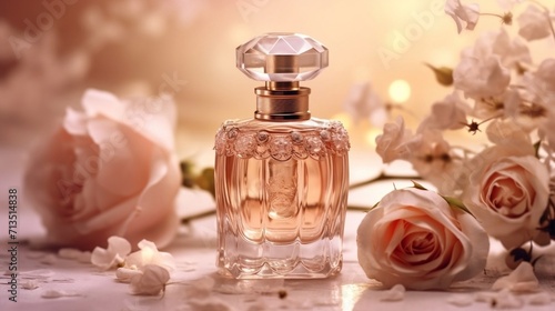 Pink perfume bottle on table surrounded by roses 
