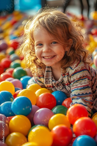 A little girl sits in colorful balloons in a children's playroom.