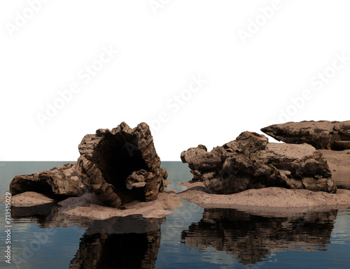A 3d rendered backdrop with rock formations in the water