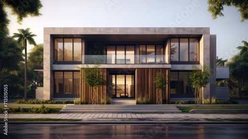 Front view of modern designed concrete residential house.