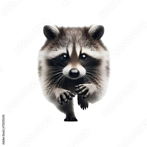 Fototapeta Naklejka Na Ścianę i Meble -  A raccoon running towards the camera. Isolated on white background.