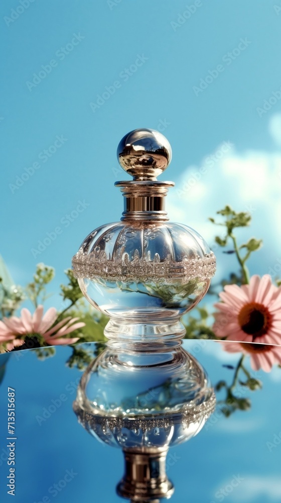 Pink Perfume Bottle with Roses on Reflective Surface on a Clear Blue Sky Background Pink Perfume Bottle with Roses on Reflective Surface on a Clear Blue Sky Background