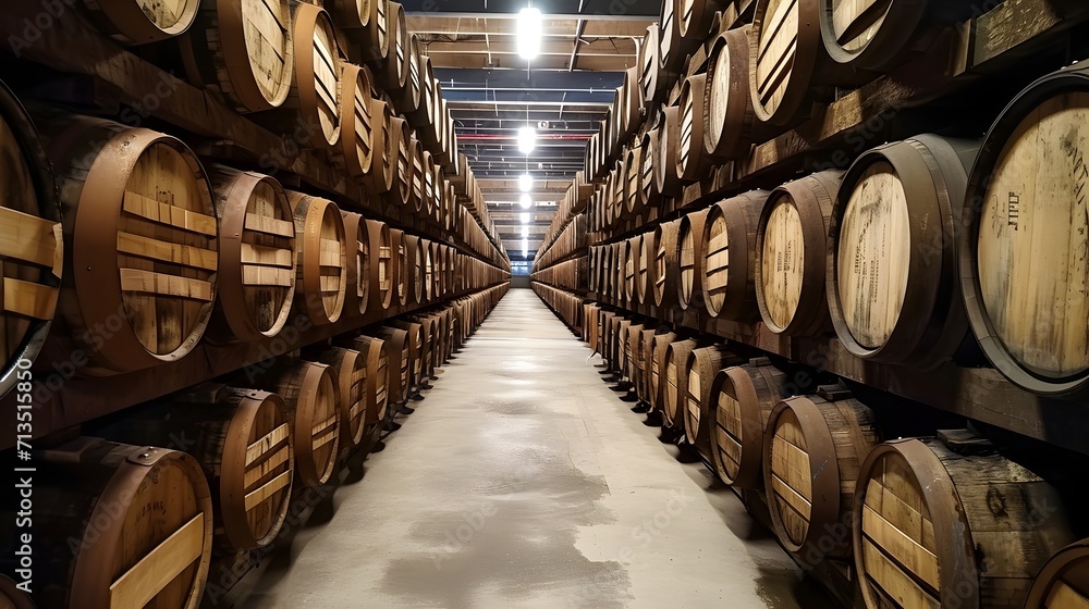 Capture the essence of tradition and craftsmanship in our stock photo featuring whiskey, bourbon, scotch, and wine barrels aging in a distillery setting.