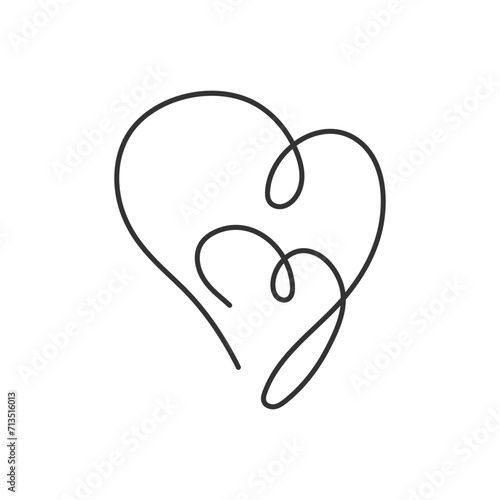 Two hearts in minimalist style. Continuous line doodle illustration. Relationships concept. Art linear drawing love symbol. Design element