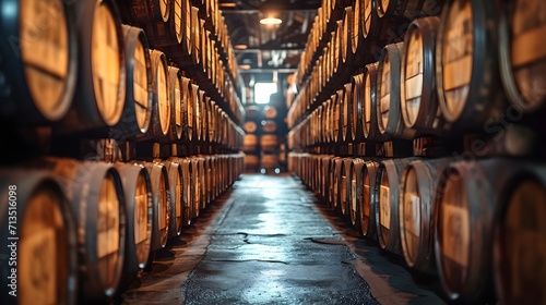 Explore the art of whiskey aging with this captivating image of barrels in a distillery. Discover the rich hues and craftsmanship in our collection.