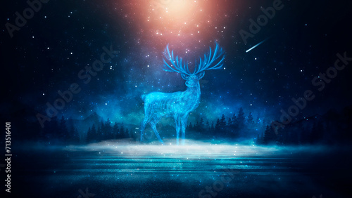 Fantasy night landscape, magical reindeer, blue neon. © MiaStendal