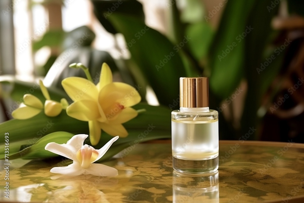 spa setting with orchid, beautiful perfume bottle spa setting with orchid, beautiful perfume bottle